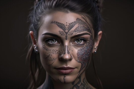 Generative AI illustration of young cool female with tattoos on face and piercing on ears standing against black background looking at camera