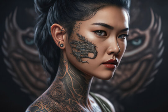 Generative AI illustration of young black haired woman with tattoos on neck and cheek standing against blurred background of animal image