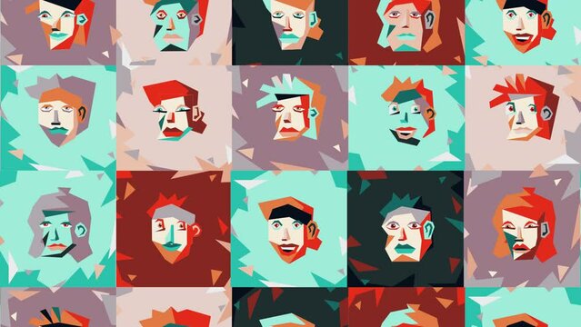 Abstract faces in cubist style - video seamless pattern. Changing colorful faces. Looped animation.