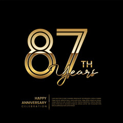 87th anniversary logo with double line style. Gold line art design. Logo Vector Template