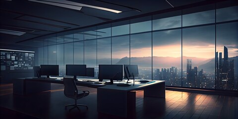 Captivating Evening Views of an Empty Modern Office Space, Embracing Tranquility and Urban Beauty After-Hours, generative AI