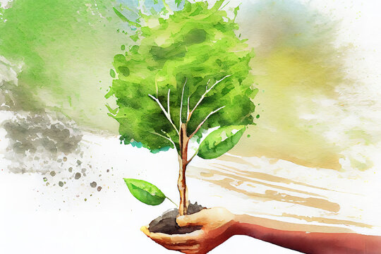 hand holding young tree for planting. concept eco earth day, watercolor oil painting effect. Generative Ai