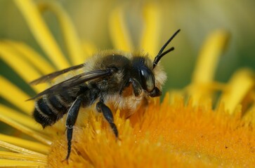 Adorable Megachile rotundata standing on the yellow flower in closeup