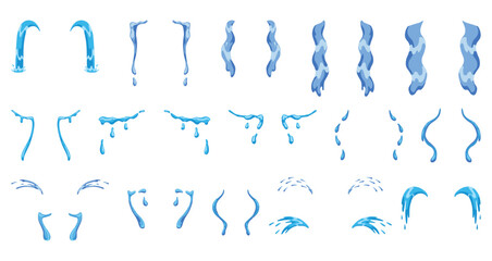 Cartoon tear drops icon set. Sorrow cry streams, tear blob or sweat drop. Crying fluid, falling blue water drops. Isolated vector set for sorrowful character weeping expression. Wet grief droplets