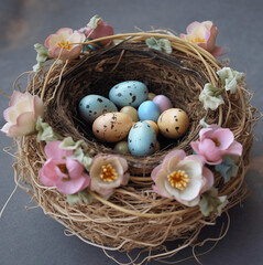 Easter eggs in nest. Easter nest with colorful eggs.