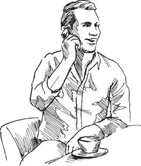 Hand drawn sketch of a man on the phone with a coffee. Vector illustration.