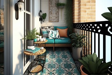 white and teal balcony with a boho chic decor, generative ai