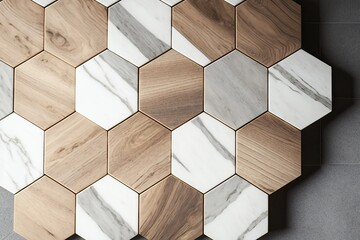 Wood and marble hexagon tiles, ideal for backgrounds, generative ai