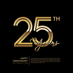 25th anniversary logo with double line style. Gold line art design. Logo Vector Template