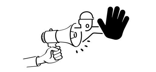 Stop do not enter. No entry sign.  Cartoon megaphone, microphone to speak message.  loudspeaker, microfoon pictogram. Horn, announcing for atention talk. Megaphone amplifier. 