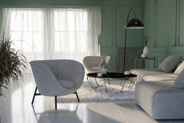 Stylish luxury cozy interior of modern apartment with simple contemporary soft light beige furniture, black lamp and coffe tables and nice pastel green walls. Daytime with  sun rays inside living room