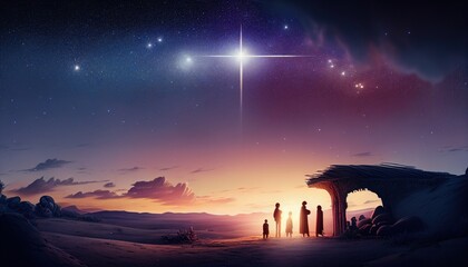The Holy Family at Sunrise: Nativity Of Jesus Scene with a Comet. Concept. Generative AI.