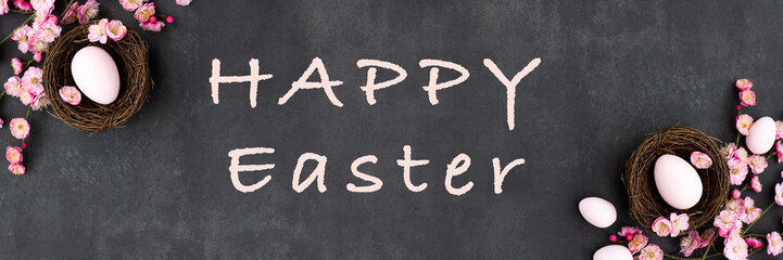 Stylish background with colorful easter eggs isolated on dark concrete background with blooming...