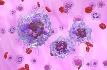 Metastatic neuroendocrine tumor cells in the blood flow - 3d illustration isometric view - obrazy, fototapety, plakaty