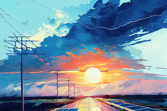Solar panel with blue sky and sunset. concept clean energy, electric Solar panel with blue sky and sunset. power in nature, watercolor oil painting effect. Generative  Generative Ai