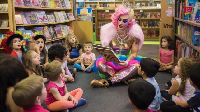 Drag Queen Reading A Book to Several Young Children in a Bookstore.