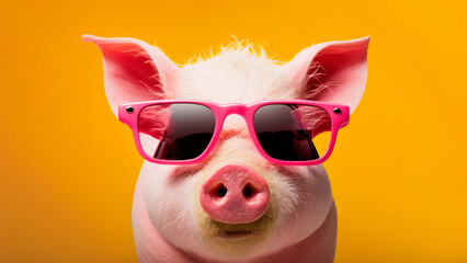 A cute pig wearing a pink sunglasses, yellow background, generative ai