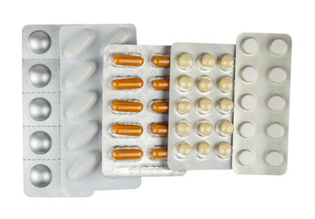 Set of different tablets, pills and capsules on transparent background