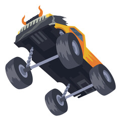 Jumping monster truck show. Bright colorful cartoon auto with big wheels. Car with large tires for rally 4x4 computer or mobile game. Vector cartoon illustration