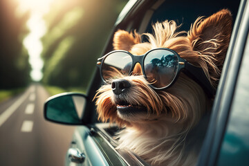 Yorkshire terrier dog wearing glasses in moving car window. Generative AI.