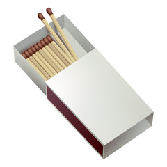 Opened matchbox. Sulphur and wooden sticks lying in open case. Top view and isometric projection vector illustration isolated on white background