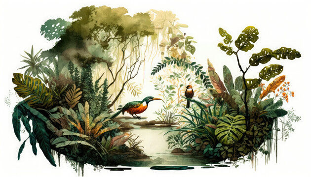 Watercolor illustration lush Amazon forest landscape, painted in harmonious colors, picturesque, calming natural environment. Intricate details and textures of the foliage and wildlife. Generative AI.