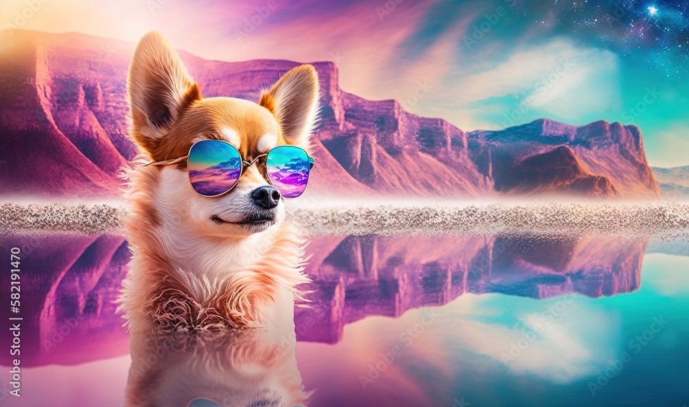 Poster  a dog with sunglasses on its head is looking at the camera while standing in front of a mountain range with a reflection in the water.  generative ai