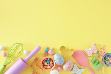Easter cooking concept. Flat lay photo of colorful easter eggs rolling pin brush whisk silicone...