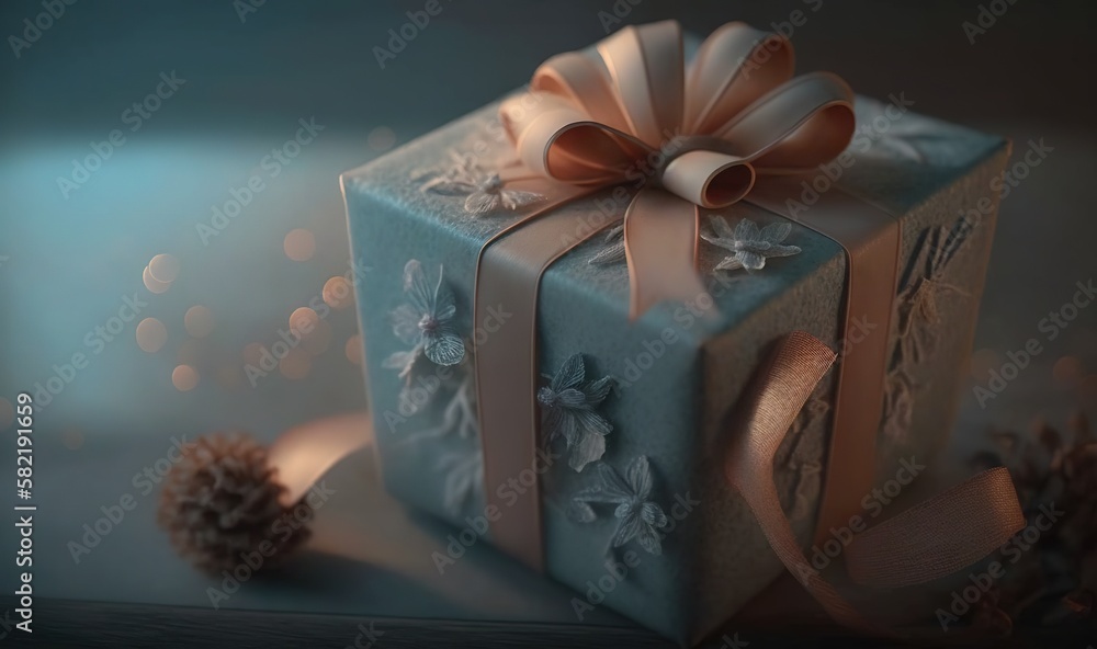 Poster a blue gift box with a bow and ribbon on a table with a pine cone and blurry lights in the backround