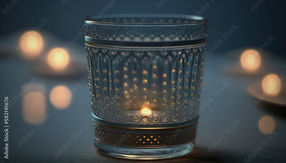 Poster a lit candle in a glass on a table with many candles in the background and a blurry image of a candl