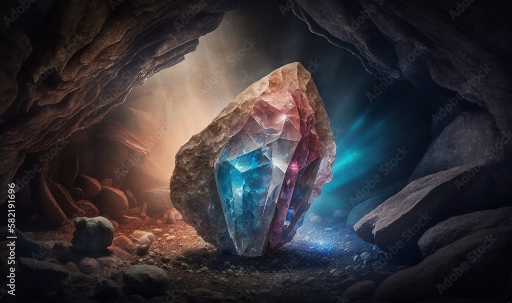 Poster a large rock in a cave with a blue light coming from the top of it and a blue light coming from the 