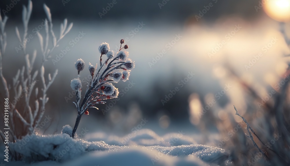 Poster a small plant with snow on it in the middle of a field of grass and snow covered ground with the sun