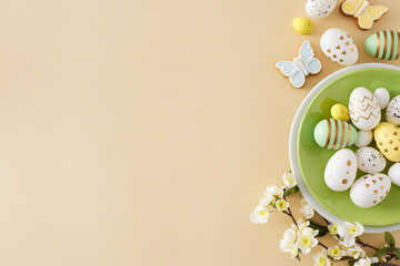 Easter concept. Flat lay photo of green plate with colorful easter eggs butterfly cookies and...