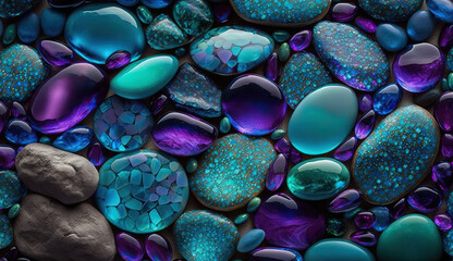 stones background, seamless pebbles background, precious shiny glass gems, crystal,  gemstone, turquoise, shiny, close up, background&acute;s builder, structures, luxury, beautiful. Generative Ai