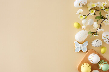 Easter decor idea. Flat lay composition of white yellow easter eggs in wooden holder butterfly cookies and spring blossom flowers on pastel beige background with empty space
