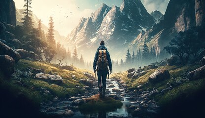 Adventurous Journey: A Man Explores a Beautiful River and Majestic Mountains on a Sunny Day. Generative Ai.