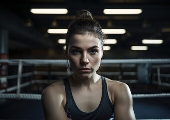 Fototapeta premium Portrait of a female boxer captured on the ring during training. Generative AI. 