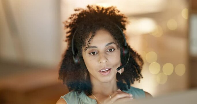 Face, communication or woman in call center for a telecom or telemarketing company in help desk at night. Crm or female sales agent talking or speaking online in tech or customer support in office