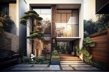 Fototapeta na wymiar luxury house with tropical plants, generative ai
