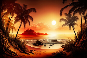 Fototapeta na wymiar Sunset tropical beach with palm trees and sea. Nature landscape and seascape, Generative AI