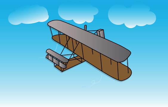 background vector illustration of a homemade airplane flying above the clouds