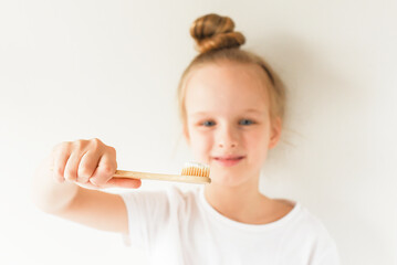 Happy Little Girl Brushing Her Teeth, Eco Wooden Organic Toothbrush, Dental Hygiene, Morning Night Healthy Concept Lifestyle