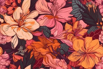 Fotobehang Colorful tropical flowers in shades of pink, orange, and yellow, seamless pattern texture Generative AI © Denis Yevtekhov