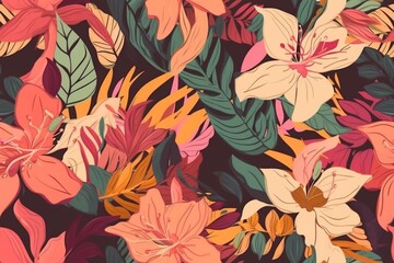 Colorful tropical flowers in shades of pink, orange, and yellow, seamless pattern texture Generative AI