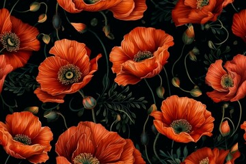 Vibrant orange and red poppy flowers on a black background, seamless pattern texture Generative AI