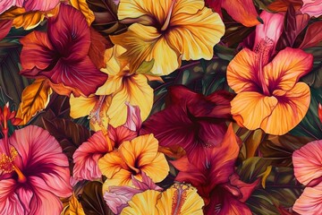 Obraz na płótnie Canvas Exotic and tropical hibiscus flowers in shades of pink, orange, and yellow, seamless pattern texture Generative AI