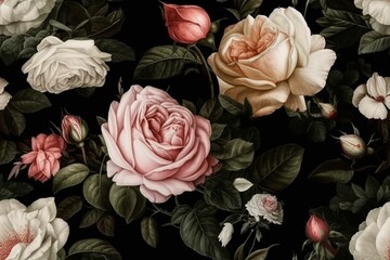 Vintage and elegant white and pink roses on a black background, seamless pattern texture Generative AI