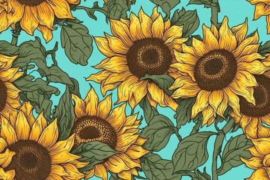 Bright yellow sunflowers with brown centers on a light blue background, seamless pattern texture Generative AI