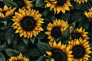 Bold and striking yellow and black sunflower flowers with green leaves, seamless pattern texture Generative AI
