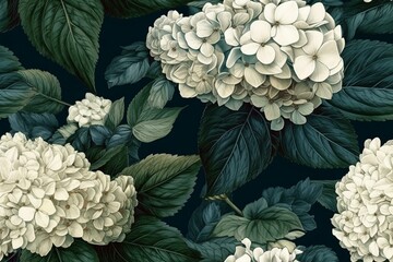 Elegant and classic white and green hydrangea flowers on a dark blue background, seamless pattern texture Generative AI